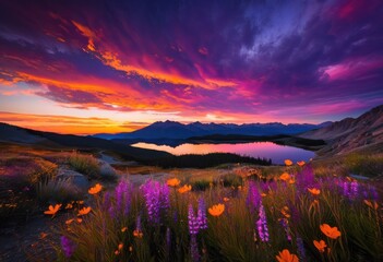 Wall Mural - stunning scenic landscape featuring vibrant sunsets majestic tranquil mountains under colorful sky, view, scenery, nature, clouds, evening, beauty, horizon