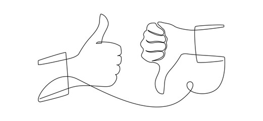 Leinwandbilder - Thumbs up and down in one continuous line drawing. Hand showing like and dislike in simple linear style. Positive and negative finger in editable stroke. Doodle contour vector illustration