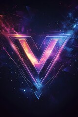 Poster - Futuristic abstract logo featuring a glowing letter V with vibrant neon colors and cosmic background elements