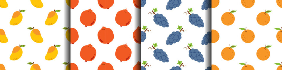 vector set of seamless patterns with tropical fruits and berries. pomegranates, oranges, mango and g