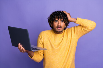 Sticker - Photo of worried nervous man wear trendy yellow clothes arm hold head error failure isolated on purple color background