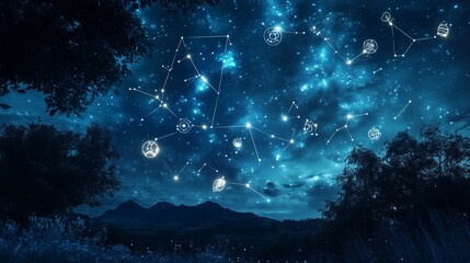 Wall Mural - starry night sky over mountains with visible constellations and bright celestial bodies