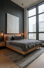 Canvas Print - Modern bedroom with large windows showcasing city views and a cozy ambiance