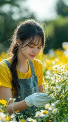 Sticker -   A woman in a yellow shirt and white gloves admires daisies in a field