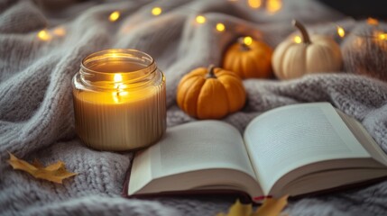 Poster - Cozy autumn evening with a lit candle, small pumpkins, and a book on a warm knitted blanket