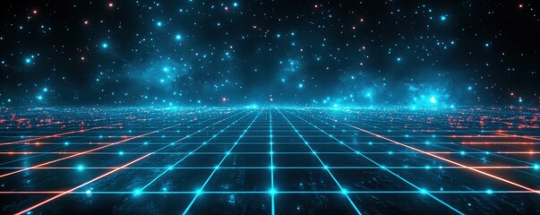 Poster - futuristic grid with blue neon lines on a black background with stars