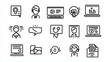 © Elkhan Babayev - Online meeting icons depict video call symbols in outlined and filled styles. They represent remote learning and virtual office work meetings.
