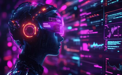 Poster - Futuristic AI virtual character hologram with neon lights analyzing digital data in a cyber environment