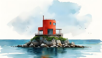 Wall Mural - Whimsical watercolor illustration of an island pavilion surrounded by serene sea, showcasing modern design against a clean white backdrop.