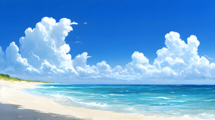 Wall Mural - A scenic view of a white sandy beach with turquoise water and a blue sky with fluffy clouds.