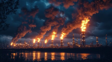 Sticker - Industrial Refinery with Burning Flares at Night