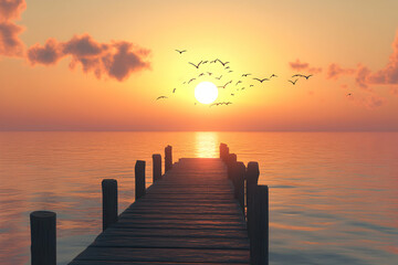 Wall Mural - A wooden pier stretches out into a tranquil sea at sunset, bathed in warm golden light.