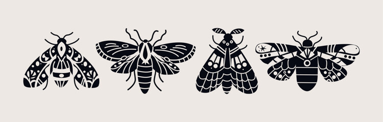 Wall Mural - Set of beetles and butterflies in cartoon style. Black and white abstract patterns and ornaments on wings, insects flies, bees, caterpillars, beetles in abstract style. Bright funky stickers.