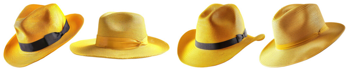 Women's yellow Panama hat isolated on transparent background, set of