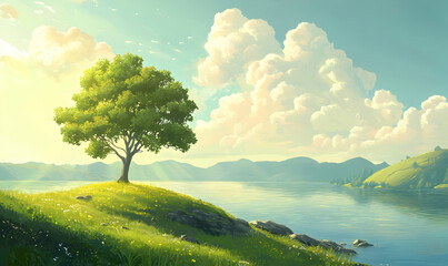 Peaceful lake scene with a single tree on a hill, blue sky with fluffy white clouds.