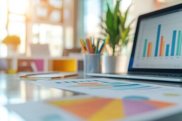 Close-up view of a vibrant financial business concept featuring colorful bar graphs and intricate data charts on a sleek office desk