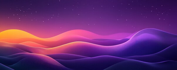 Vibrant digital landscape with a beautiful purple gradient background and flowing waves beneath a starlit sky