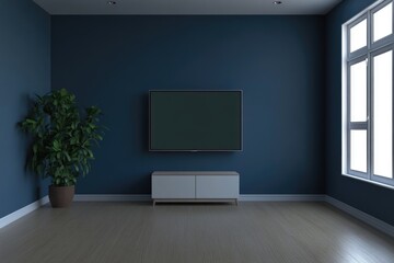 Canvas Print - Modern Living Room Interior with LED TV on Blue Wall, Minimalistic Design - 3D Render