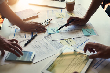 Aufkleber - Documents, technology and hands of business people in meeting for accounting paperwork or finance. Budget expenses, banking or closeup of phone, tablet or teamwork in workplace for administration
