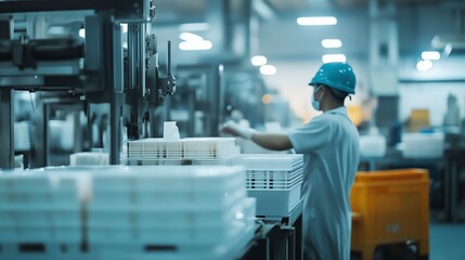 Sticker - Worker in a factory organizes plastic containers during operational hours in a well-lit industrial facility