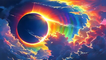 Realistic solar eclipse illuminated by shimmering rainbow light