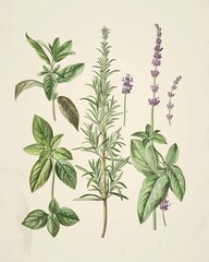 botanical illustration of various herbs and plants, including rosemary, basil, and lavender