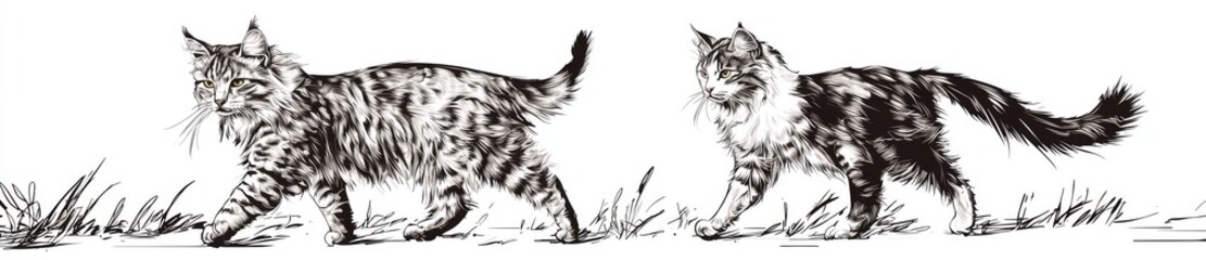 Black and white illustration of a kitten silhouette drawn by hand. Illustration of an isolated cat illustration kitty ink sketch.