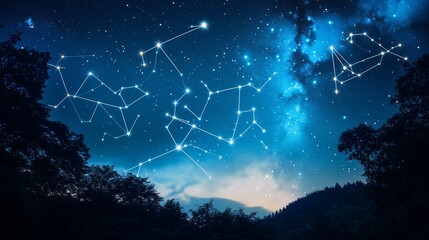 Wall Mural - starry night sky filled with constellations over a serene forest landscape at twilight