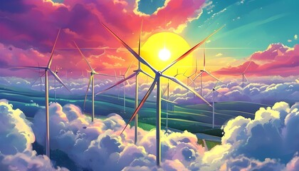 Wall Mural - Whimsical Technicolor Illustration of Vertical Wind Turbines for Skyward Energy Solutions