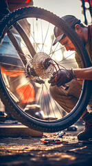 Mechanic kneels to adjust a mountain bike wheel under warm lighting. Concept of small scale bicycle repair business, hands-on service and commitment to maintaining performance. Vertical