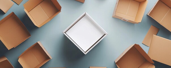 Wall Mural - One white open box surrounded by brown closed boxes