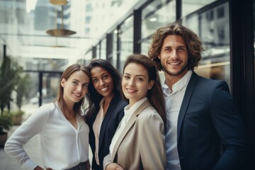 A diverse group of four professionals smiling confidently, standing outdoors with a modern urban backdrop, suggesting teamwork and success in a business environment.