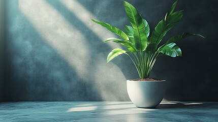 Poster - A Single Plant in a White Pot Against a Grey Wall with Sunlight Streaming Through a Window