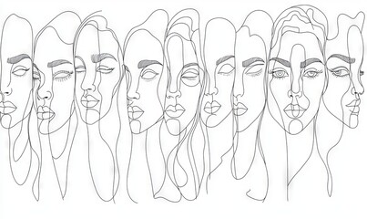 Wall Mural - A collection of portraits. Simple, minimalist illustration of beautiful woman's face. Line drawing.