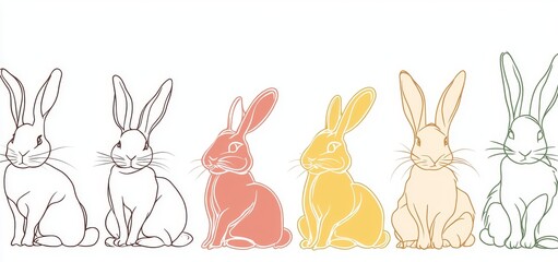 Isolated on white background, set of Easter bunny in a simple one-line style. Colored Rabbit icon. Black and white minimalist hand drawing on a white background.