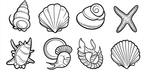 Modern minimalist outline icon of seashells and starfish. Continuous one line drawing of oyster mollusk with pearl corral and snail shell in simple linear style. Doodle modern illustration.