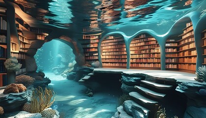 immersive 3D underwater library filled with floating books and ethereal aquatic vegetation