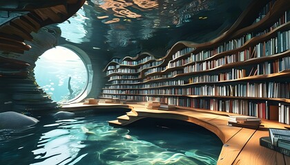 immersive 3D underwater library filled with floating books and ethereal aquatic vegetation