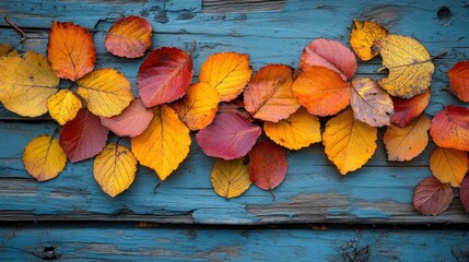 Sticker - Autumn Leaves on a Weathered Blue Wooden Surface