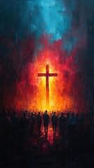 Wall Mural - impressionistic painting of diverse crowd gathered around illuminated cross modern artistic style conveys spiritual concept with vibrant brushstrokes and emotive use of light