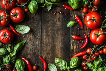 Ripe tomatoes and red chiles on a rustic wooden background - Perfect for cooking and farm-to-table designs