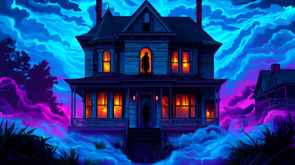 Wall Mural - Mystical Victorian House with Foggy Night Sky and Neon Lights for Halloween Decoration