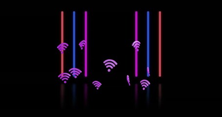 Canvas Print - Animation of wifi icons and neon light trails on black background