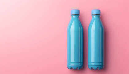 Mockup of two blue plastic reusable water bottles or thermos isolated on pastel pink background. Concept of sustainability, zero waste, eco friendly equipment for sport or travel.   