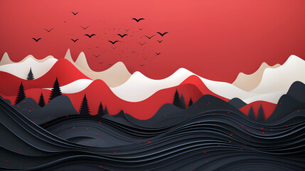 Wall Mural - a mountain range with a red and white background