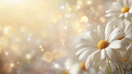 Wall Mural - Delicate white daisies bloom in soft sunlight with a dreamy bokeh background in springtime