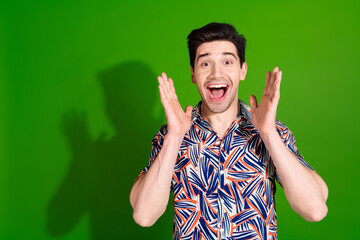 Wall Mural - Photo of ecstatic overjoyed guy with bristle stylish haircut dressed print shirt staring hands up isolated on green color background