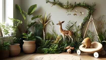 Nature-inspired childrens room design featuring plants, animals, and natural materials in a super realistic style