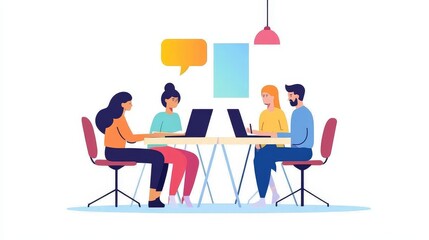 Teamwork meeting, concept. Person calls a team at remote work, online communication, management process in information technology, people on video calling. Flat isolated vector illustration on white