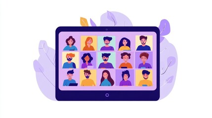 Teamwork meeting, concept. Person calls a team at remote work, online communication, management process in information technology, people on video calling. Flat isolated vector illustration on white